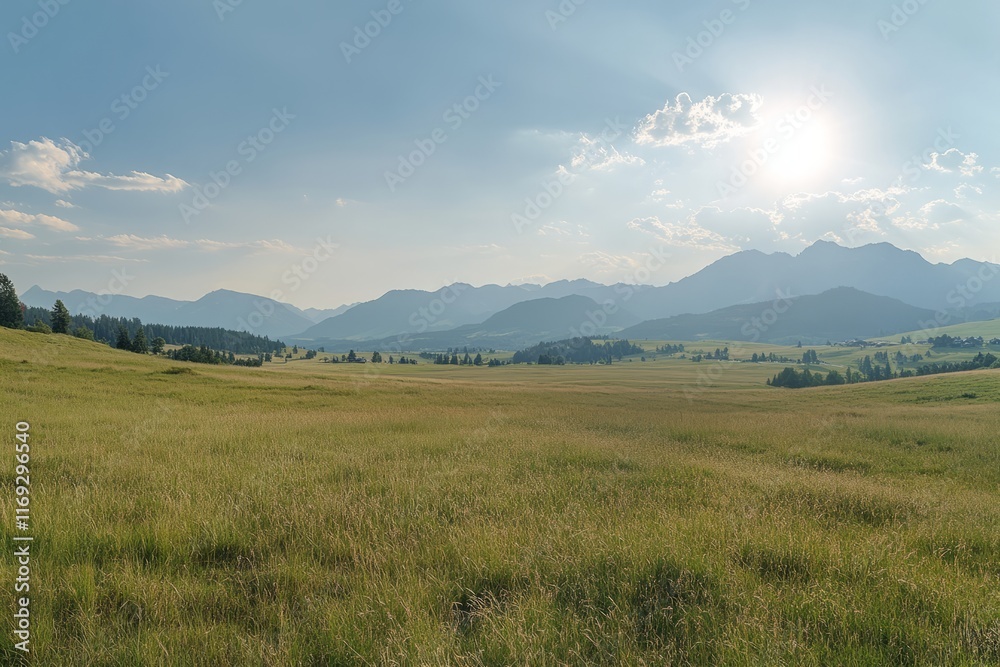 Expansive grassy plains under a bright sun with distant mountains creating a tranquil landscape around midday