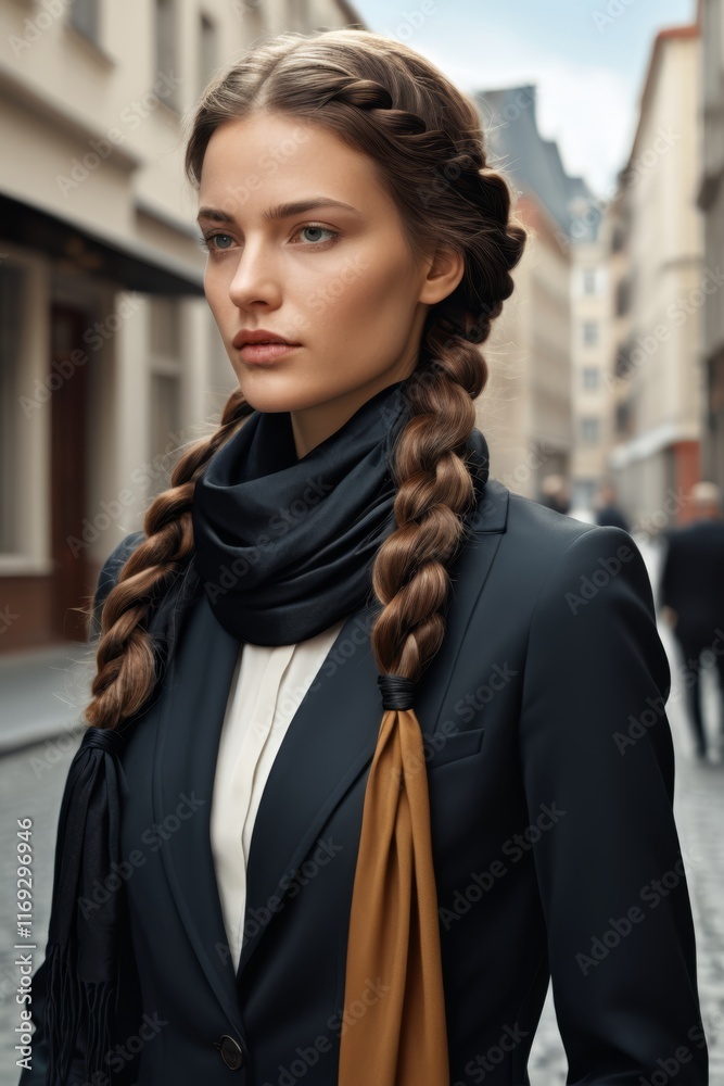 Naklejka premium woman with long braid hair in a black jacket and scarf