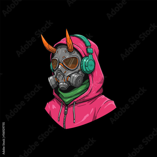 The image depicts a stylized illustration of a horned figure in a pink hoodie wearing a gas mask and headphones.