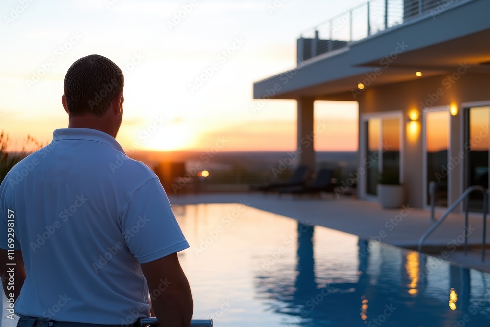 A silhouette of a man enjoying a serene sunset view by a luxurious poolside, symbolizing relaxation, contemplation, and tranquility in a picturesque setting. A silhouette of a man enjoying a serene sunset view by a luxurious poolside, symbolizing relaxation, contemplation, and tranquility in a picturesque setting.