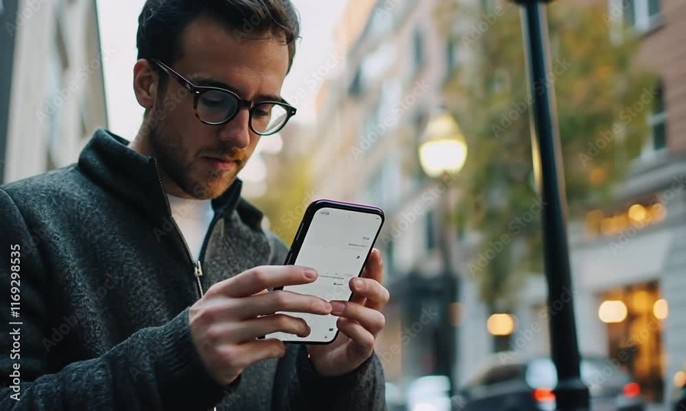 Man Using Smartphone in City Street Man Using Smartphone in City Street
