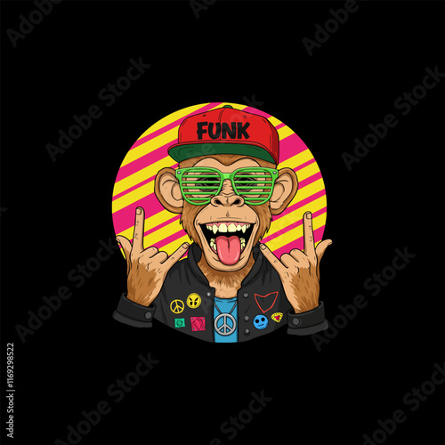 A stylish cartoon monkey, wearing a hat and sunglasses, makes a rock and roll hand gesture.
