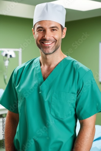 smiling male surgeon in green scrubsuit and white hat in hospital room photo