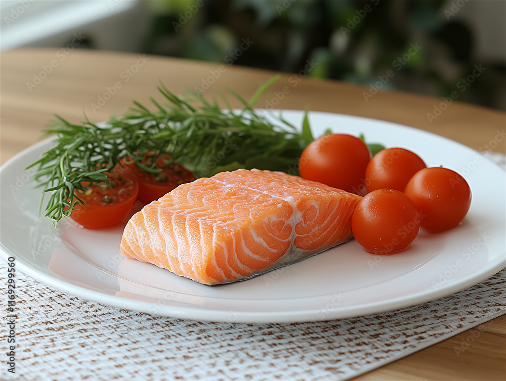 Food photography. A piece of salted red fish with dill and tomatoes on a white plate. Photography for a website or magazine. Food photography. A piece of salted red fish with dill and tomatoes on a white plate. Photography for a website or magazine.