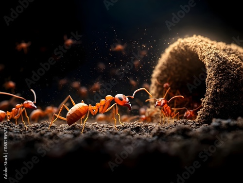 Pheromone guided swarming of thousands of worker ants constructing a complex subterranean nest with detailed textures of soil and tunnel walls photo