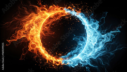 Fiery Ring of Opposites: Abstract image of a ring of fire, with one half in intense orange and red flames and the other half in cool blue flames, creating a visually striking contrast.  