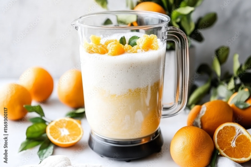 A close-up of frothy orange juice in a blender, surrounded by freshly peeled oranges and kitchen tools A close-up of frothy orange juice in a blender, surrounded by freshly peeled oranges and kitchen tools