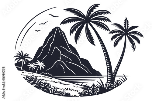 A tropical mountain black color line art silhouette vector with palm trees at its base. round shape white background