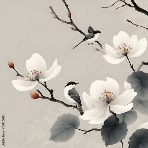 Birds Among Spring and Autumn Blooms