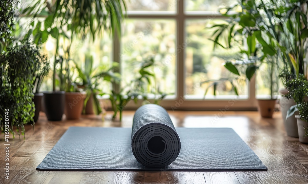 Yoga mat rolled out in serene indoor space surrounded by lush greenery and natural light Yoga mat rolled out in serene indoor space surrounded by lush greenery and natural light