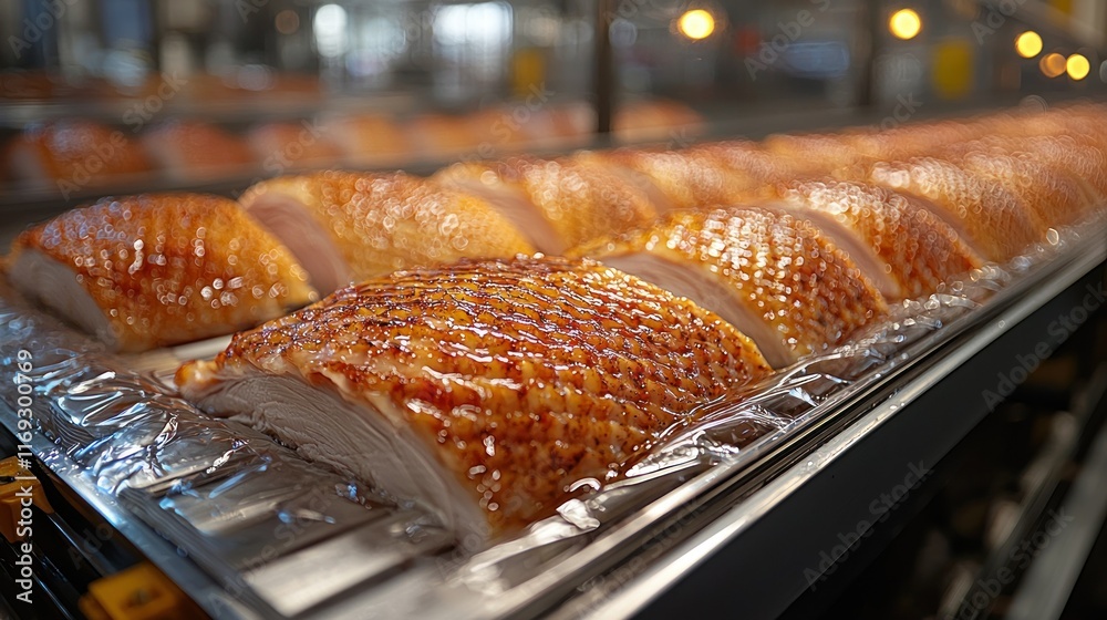 Glazed meat slices arranged on a tray for serving. Glazed meat slices arranged on a tray for serving.