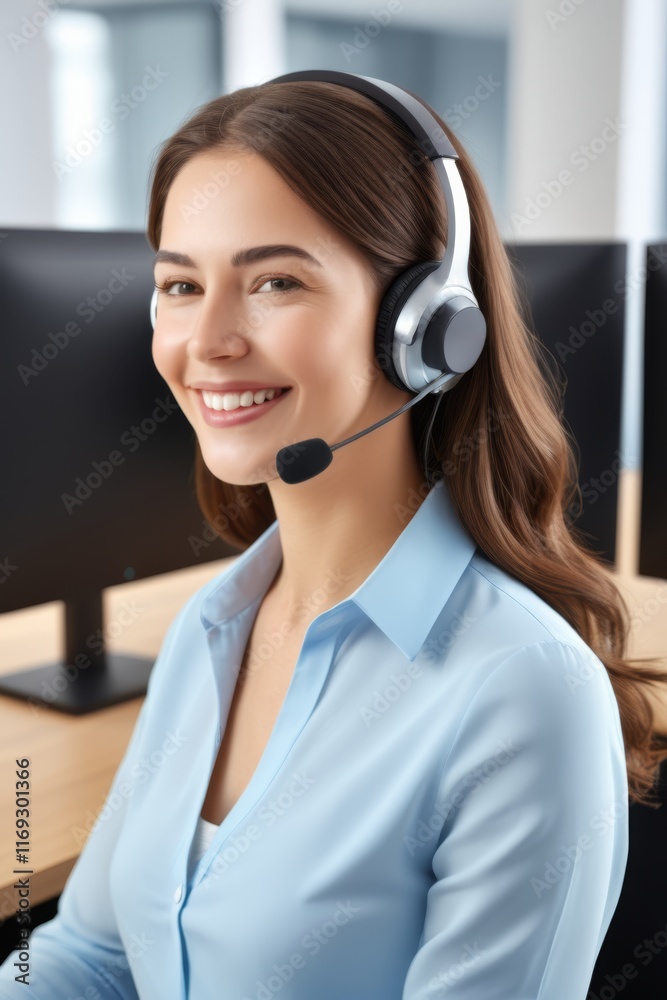 smiling woman wearing headset and sitting at desk with computer smiling woman wearing headset and sitting at desk with computer