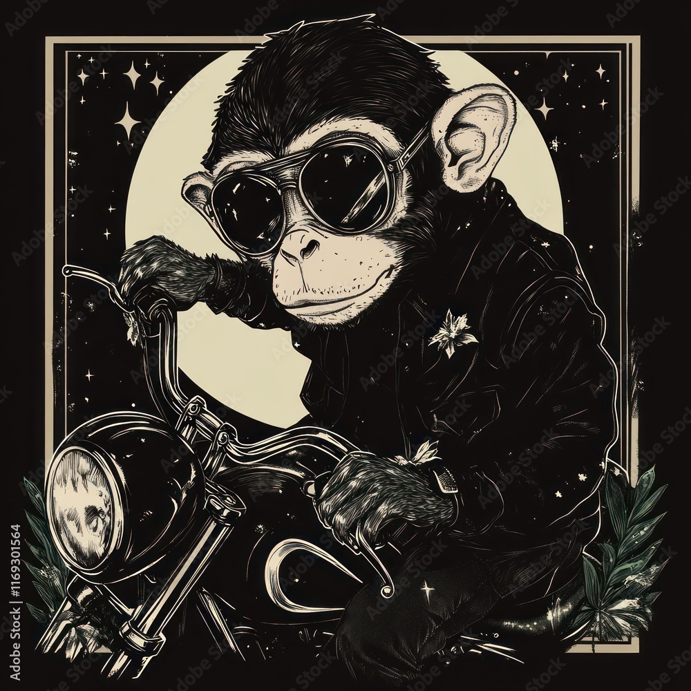 Obraz premium A stylized monkey wearing sunglasses and a leather jacket, posed on a motorcycle against a moonlit background.