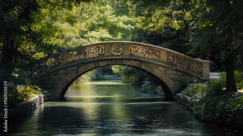 Serene Arch Bridge Over Calm Water Surrounded by Lush Greenery