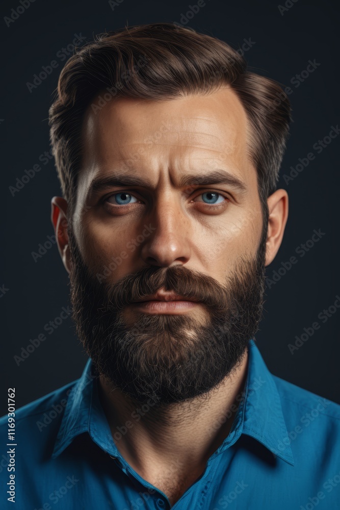 Fototapeta premium arafed man with a beard and blue shirt looking at the camera