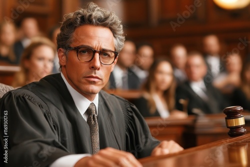 A courtroom scene featuring a young, newly appointed judge delivering their first verdict with confidence