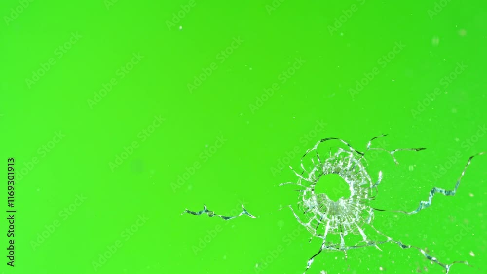 Super slow motion of gunshot through the glass, shattering against green screen background . Filmed on high speed cinema camera, 1000 fps.