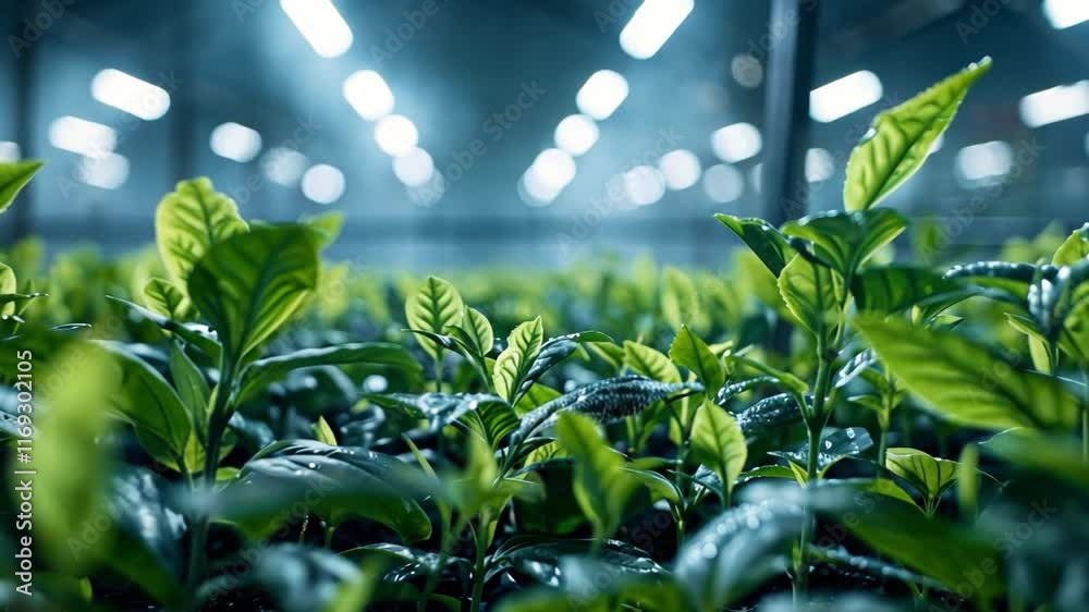 Lush green tea plants thrive in a controlled environment with bright artificial lights illuminating their vibrant leaves. The air is filled with moisture, promoting growth and vitality.