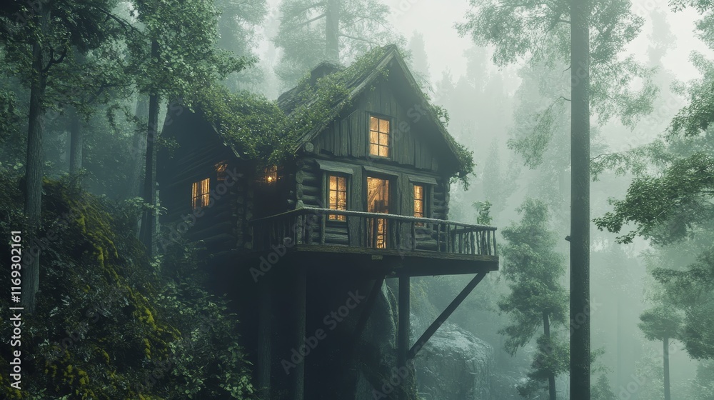 Fototapeta premium Enchanted Forest Cabin: A Mystical Retreat in the Misty Woods