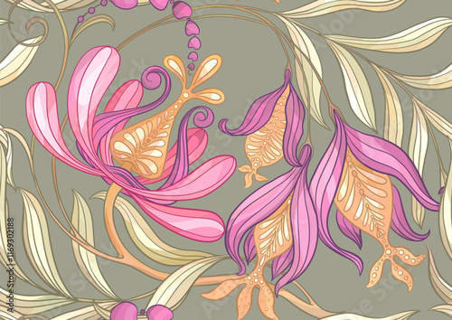 Fantasy flowers in retro, vintage, jacobean embroidery style. Seamless pattern, background. Vector illustration.