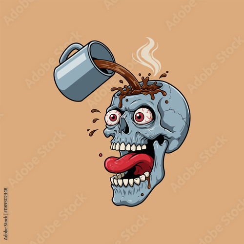 A comical illustration depicts coffee pouring from a mug into a skull's empty cranium, resulting in a humorous and slightly macabre scene.