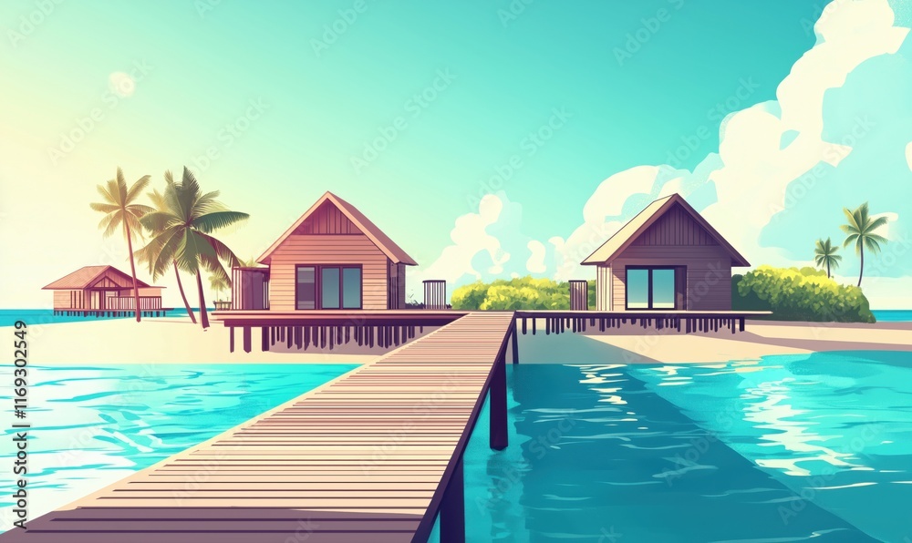 Fototapeta premium Tropical beach resort with overwater bungalows, wooden pier, palm trees, and clear blue waters under sunny sky
