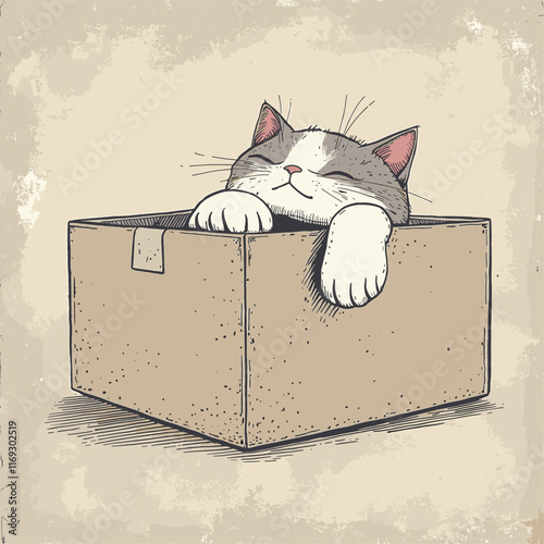 Cat peeking from box, eyes closed.