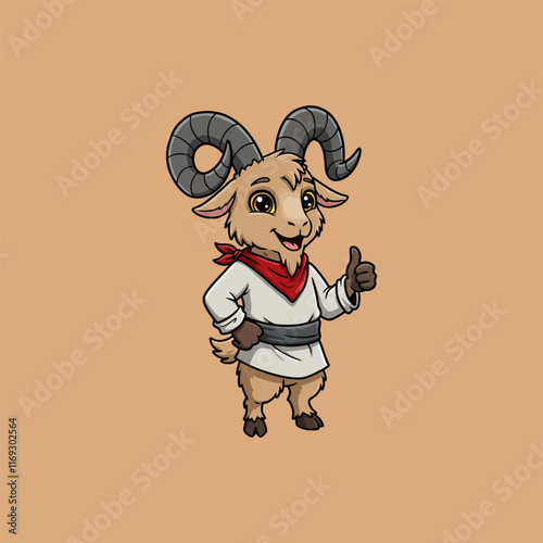 A happy cartoon goat wearing a white shirt and red neckerchief gives a thumbs up gesture.