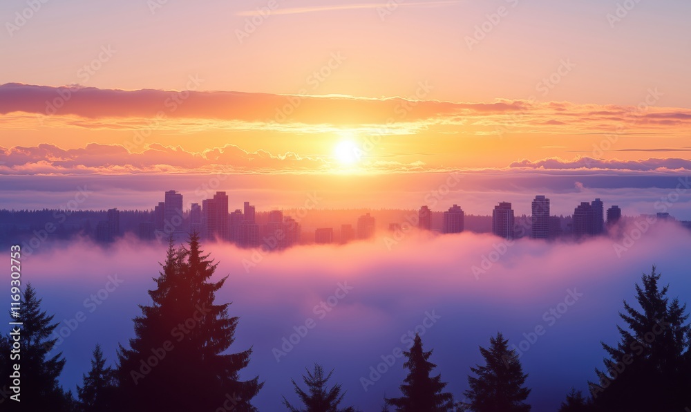Obraz premium Stunning Sunrise Over City Skyline Surrounded by Fog and Trees, Vibrant Colors of Dawn Reflecting on Urban Landscape