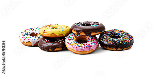 A tempting pile of assorted donuts, including glazed, chocolate-covered, and sprinkles, stacked haphazardly on top of each other, with a transparent background