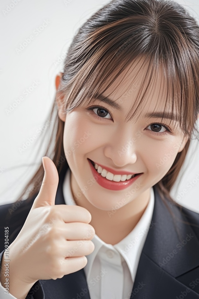smiling woman in a suit giving a thumbs up sign smiling woman in a suit giving a thumbs up sign
