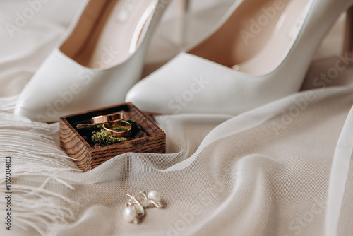 Delicate photos of wedding rings in a box against the background of the bride's shoes and jewelry. Wedding details photo