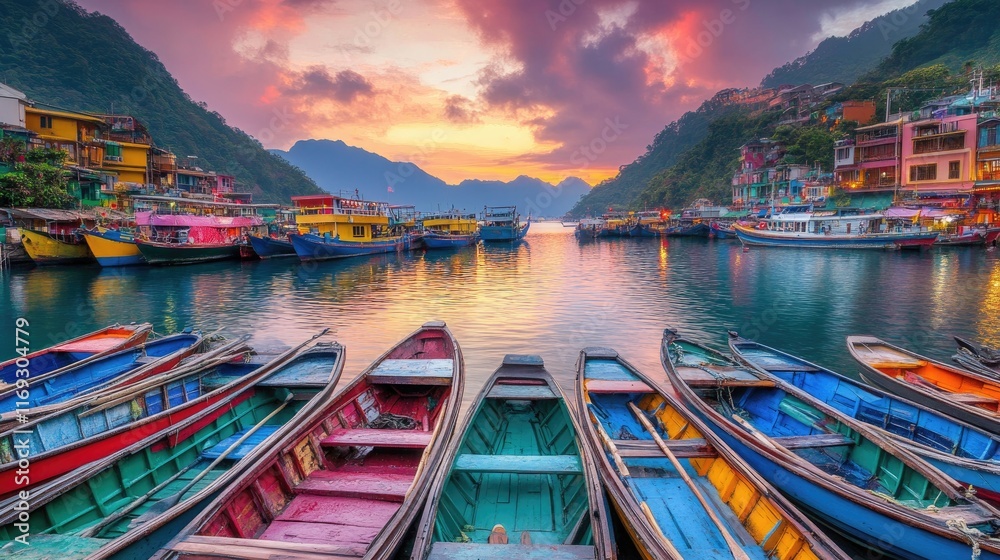 Naklejka premium Colorful Fishing Boats in Vibrant Harbor at Sunset in the Mountains