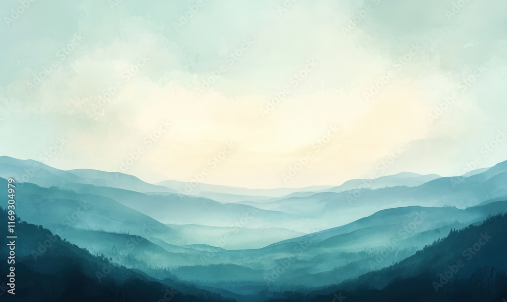 Serene Misty Mountains Landscape with Soft Pastel Hues and Layered Hills