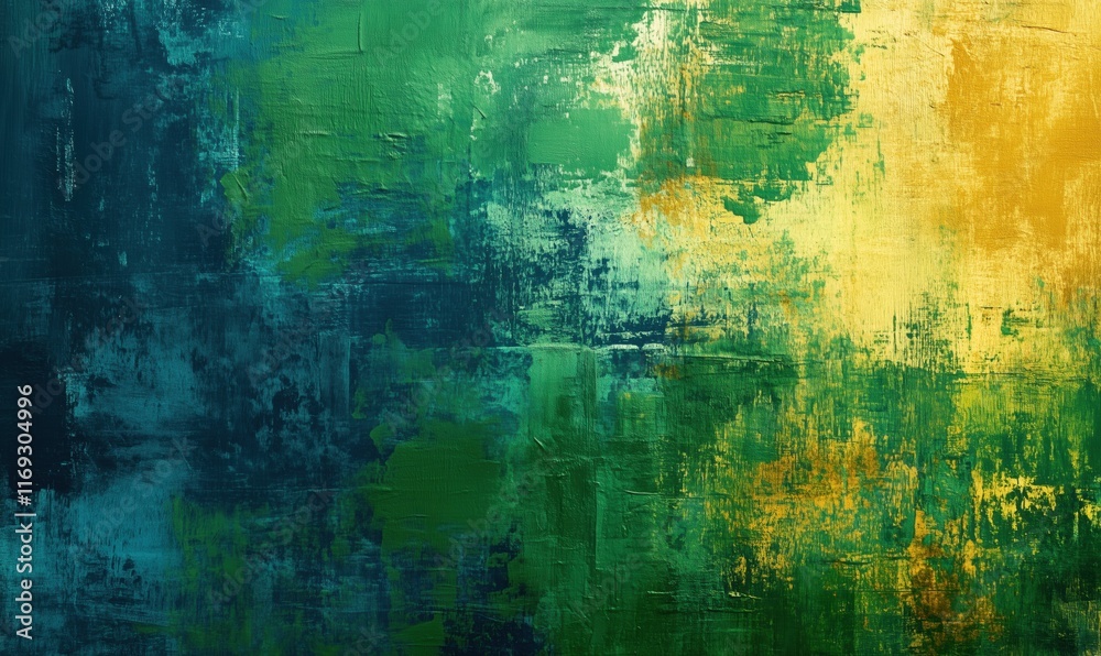 Obraz premium Abstract textured painting with vibrant green, blue, and gold hues creating a dynamic visual experience
