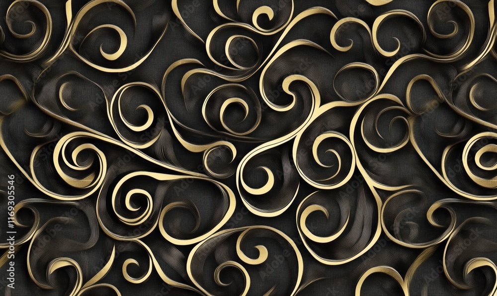 Elegant swirling gold patterns on dark textured background, intricate design showcasing luxury and sophistication Elegant swirling gold patterns on dark textured background, intricate design showcasing luxury and sophistication