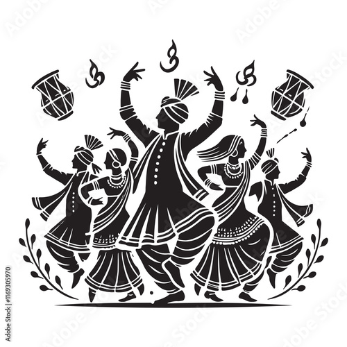 Bhangra Silhouette Vector Illustration, Solid White Background.