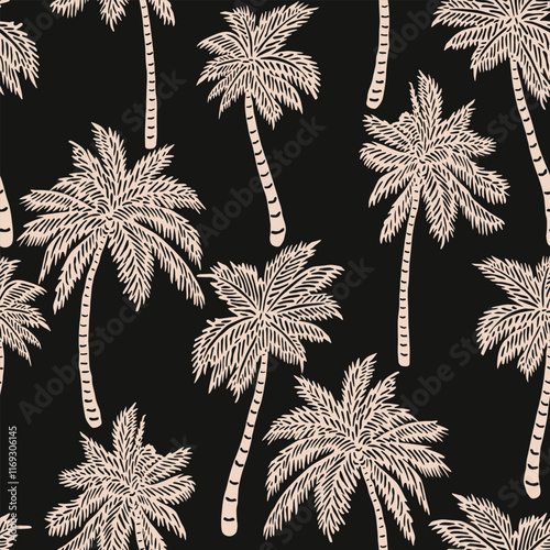 Tropical pattern with freehand drawn palm trees. Hawaii summer background organic shapes black and white for fabric, textiles, clothing, poster, cover, decor, banner, wallpaper. Vector illustration.