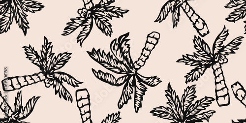 Tropical pattern with freehand drawn palm trees. Hawaii summer background organic shapes black and white for fabric, textiles, clothing, poster, cover, decor, banner, wallpaper. Vector illustration.