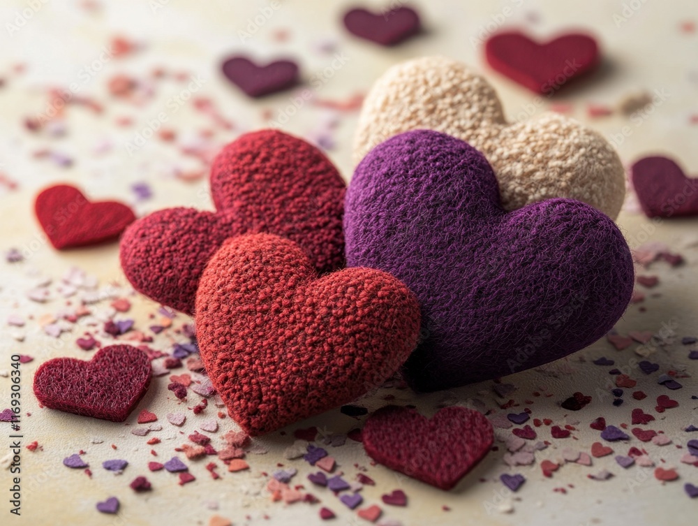 Felt 3D Valentine’s Day hearts on a light-colored background with scattered smaller hearts Felt 3D Valentine’s Day hearts on a light-colored background with scattered smaller hearts