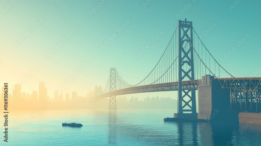 Serene Morning Scene of a Bridge Against a City Skyline Serene Morning Scene of a Bridge Against a City Skyline