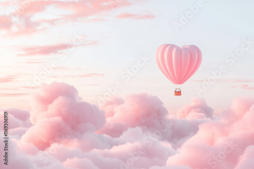 Pink heart shaped hot air balloon soaring above clouds