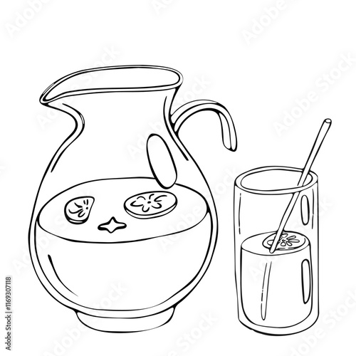 Lemonade jug with a glass. Graphic illustration design, doodle hand-drawn style. Black contour isolated on a white background. Web design, prints, stickers, menu design, restaurants, kitchen décor