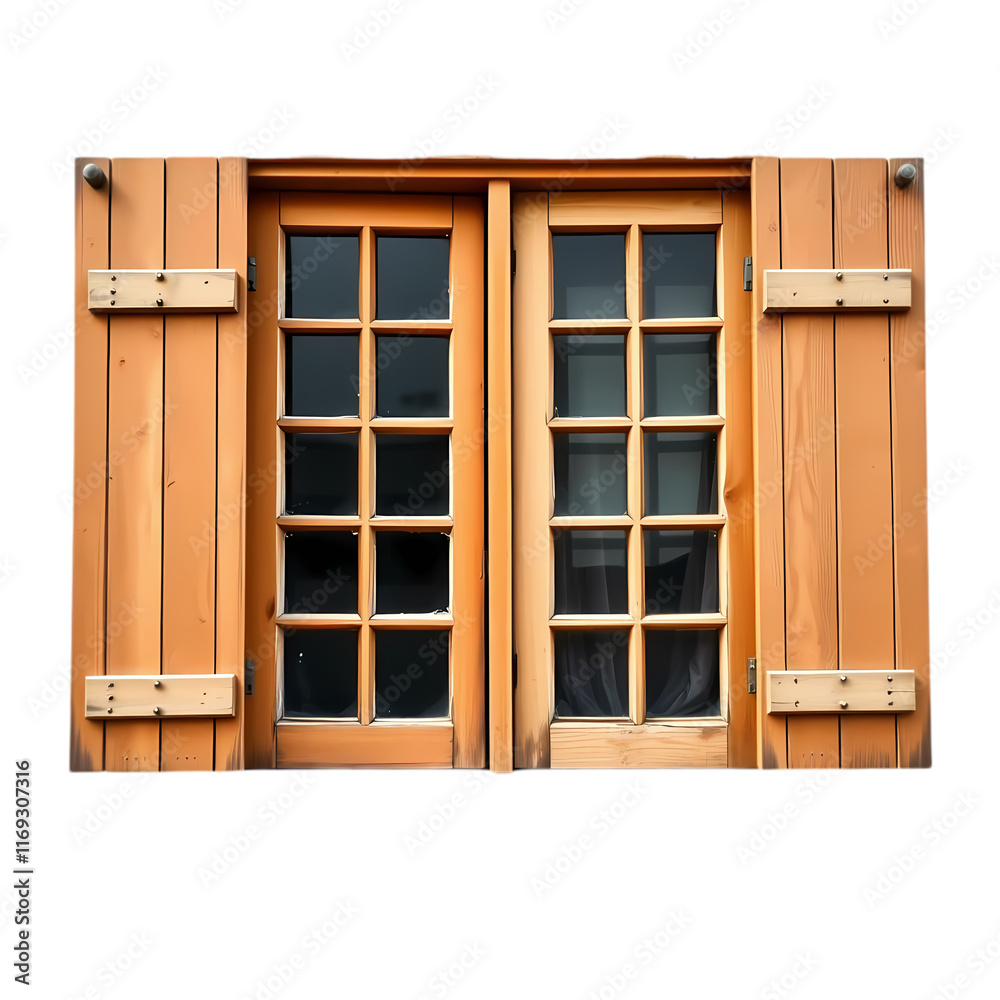 Rustic Wooden Window with Shutters on transparent background