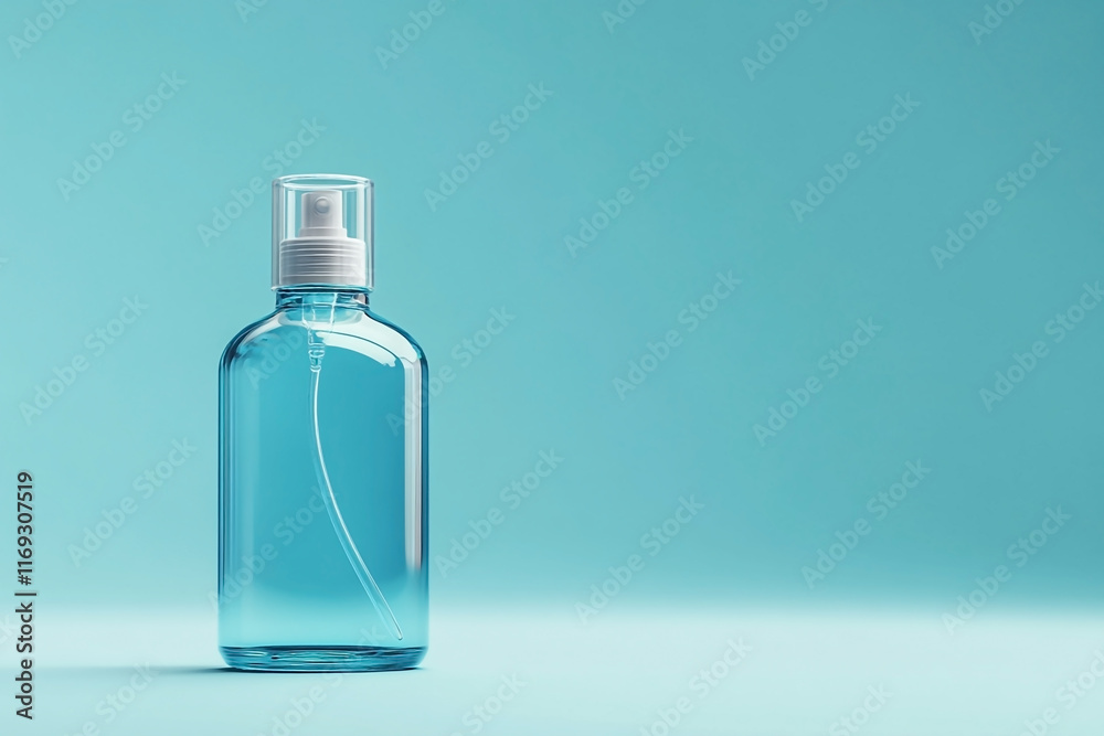 Blue spray bottle mock up in light blue background. copy space Blue spray bottle mock up in light blue background. copy space