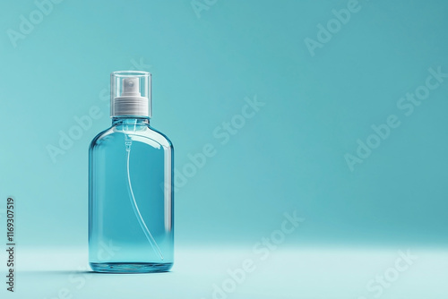 Blue spray bottle mock up in light blue background. copy space