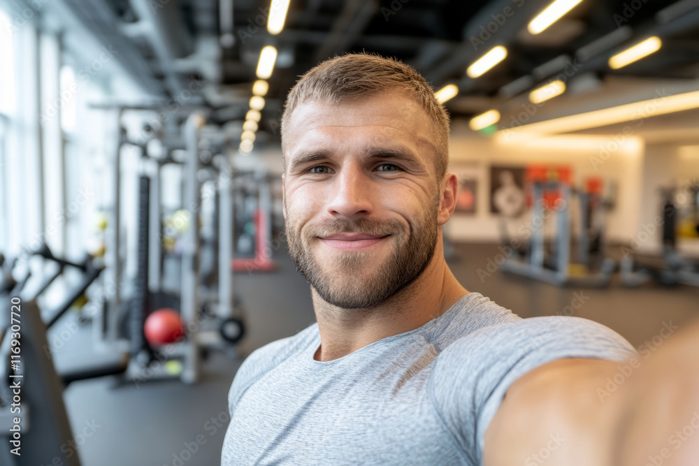 Obraz premium Young man taking a selfie in a gym with exercise equipment