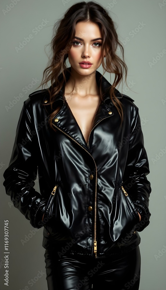 Model photostoot of woman portrait in latex jacket