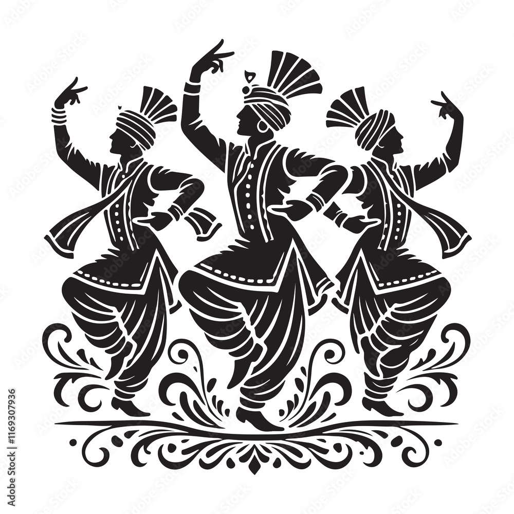 Fototapeta premium Bhangra Silhouette Vector Illustration, Solid White Background.