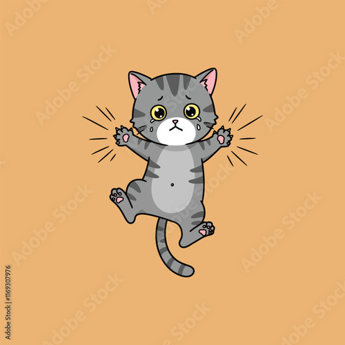 A cartoon illustration depicts a small grey kitten crying and appearing distressed while reaching out with its paws.